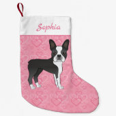 Black Boston Terrier Dog op roze harten en naam Kleine Kerstsok (Voorkant)