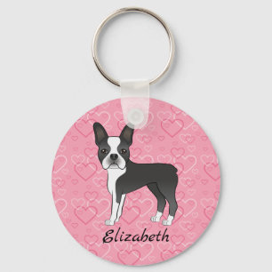 Black Boston Terrier Dog op roze harten en naam Sleutelhanger