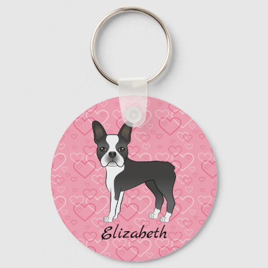 Black Boston Terrier Dog op roze harten en naam Sleutelhanger (Voorkant)