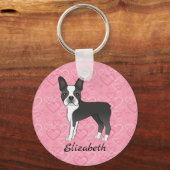 Black Boston Terrier Dog op roze harten en naam Sleutelhanger (Voorkant)