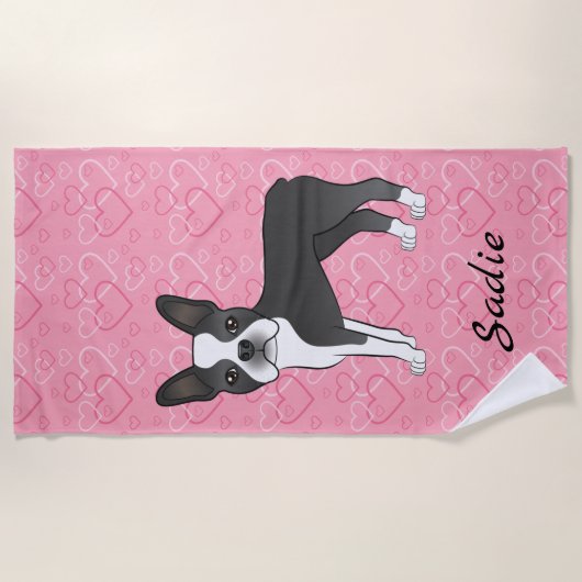 Black Boston Terrier Dog op roze harten en naam Strandlaken (Voorkant)