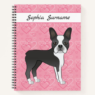 Black Boston Terrier Dog op roze harten en tekst Notitieboek