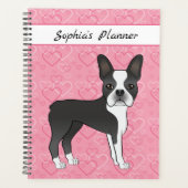 Black Boston Terrier Dog op roze harten en tekst Planner (Voorkant)
