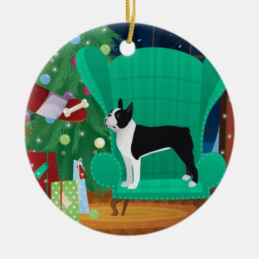 Black Boston Terrier en Santa's Gift Keramisch Ornament (Voorkant)