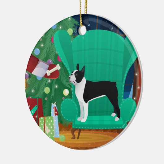 Black Boston Terrier en Santa's Gift Keramisch Ornament (Links)