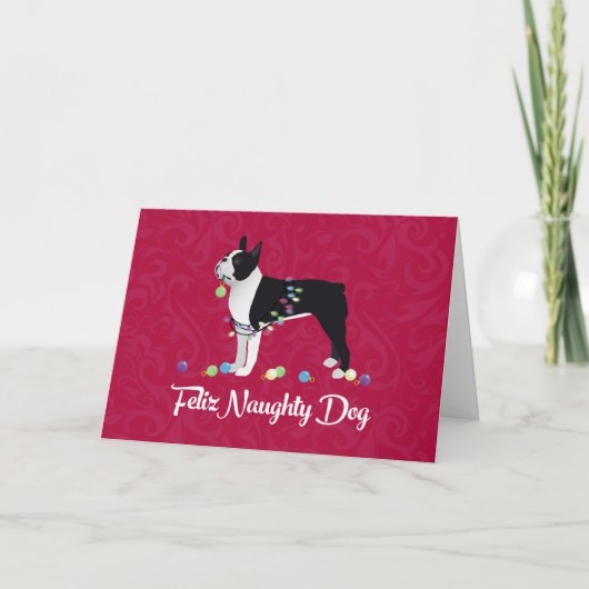 Black Boston Terrier Feliz Naughty Dog Design Feestdagen Kaart (Voorkant)
