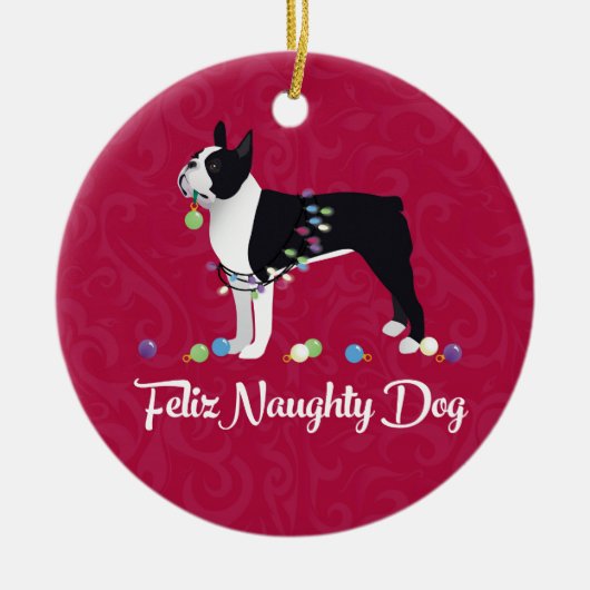 Black Boston Terrier Feliz Naughty Dog Design Keramisch Ornament (Voorkant)