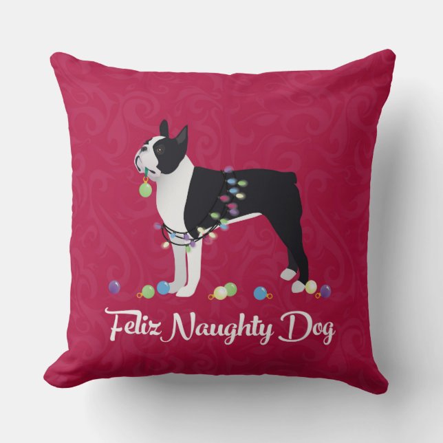 Black Boston Terrier Feliz Naughty Dog Design Kussen (Voorkant)