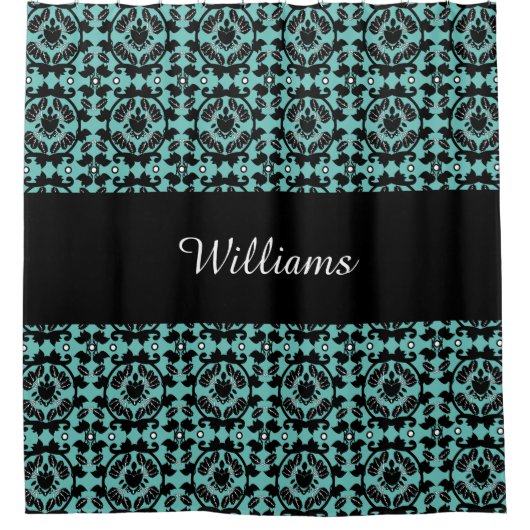 Black Botanical Damask Monogram Douchegordijn (Voorkant)