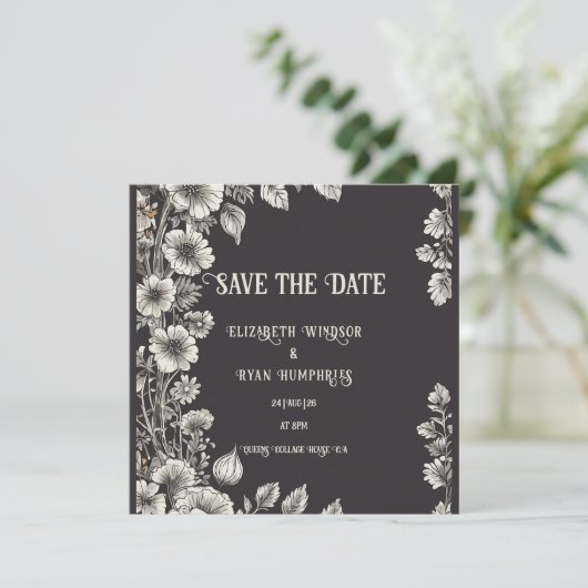 Black Botanical Delight Huwelijksuitnodiging Kaart (Staand voorkant)
