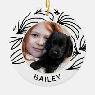 Black Botanical Dog Foto en naam Kerstmis Keramisch Ornament
