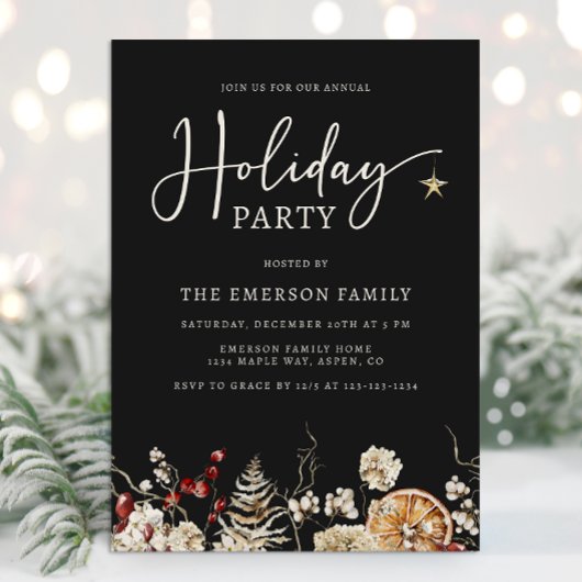 Black Botanical Holiday Party Kaart