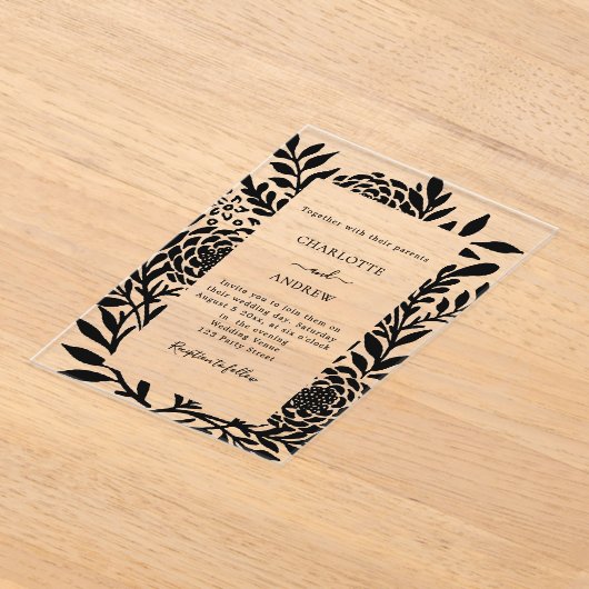 Black botanical modern clear luxury wedding acryl uitnodigingen (Laagn)