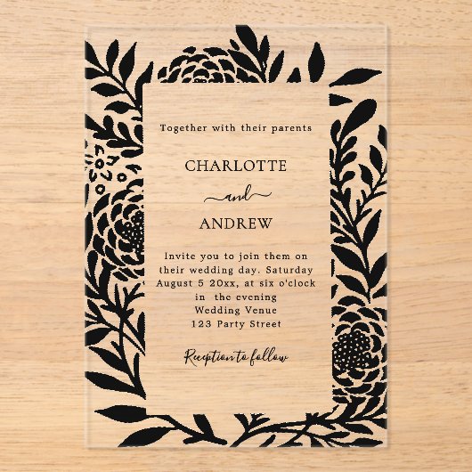 Black botanical modern clear luxury wedding acryl uitnodigingen (Voorkant)