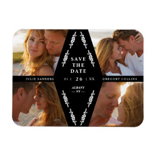 Black Botanical Modern Collage 4 Photos Wedding Magneet