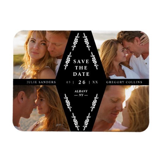 Black Botanical Modern Collage 4 Photos Wedding Magneet (Horizontaal)