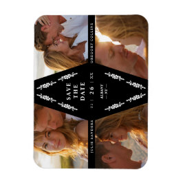 Black Botanical Modern Collage 4 Photos Wedding Magneet