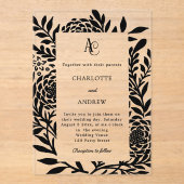 Black botanical modern monogram luxury wedding acryl uitnodigingen (Voorkant)