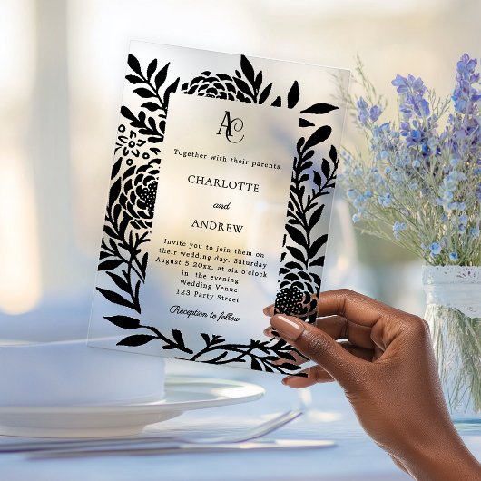 Black botanical modern monogram luxury wedding acryl uitnodigingen