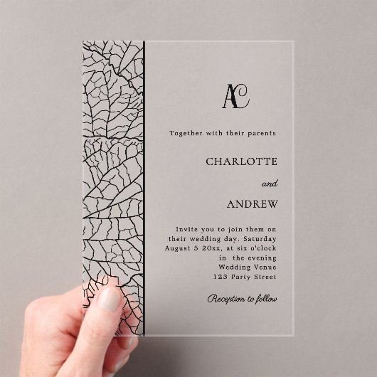 Black botanical monogram clear luxxury wedding acryl uitnodigingen (Insitu (Draagbaar))