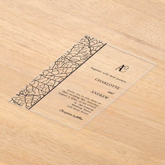 Black botanical monogram clear luxxury wedding acryl uitnodigingen (Laagn)