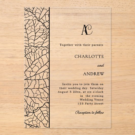 Black botanical monogram clear luxxury wedding acryl uitnodigingen (Voorkant)