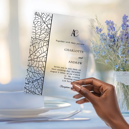 Black botanical monogram clear luxxury wedding acryl uitnodigingen