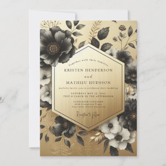 Black Botanical Opulent Wedding Kaart (Voorkant)