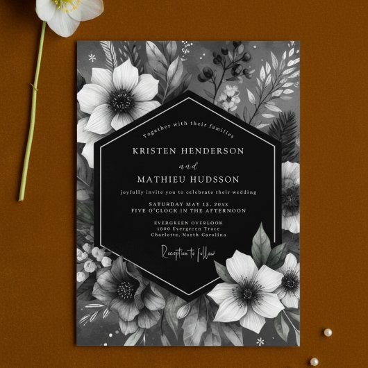 Black Botanical Romance Wedding Kaart