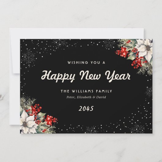 Black Botanical Snowflakes New Year Card Feestdagenkaart (Voorkant)