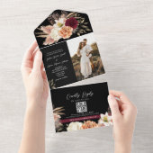 Black Bourgondië QR Code Wedding All In One Uitnodiging (Afscheurbaar)