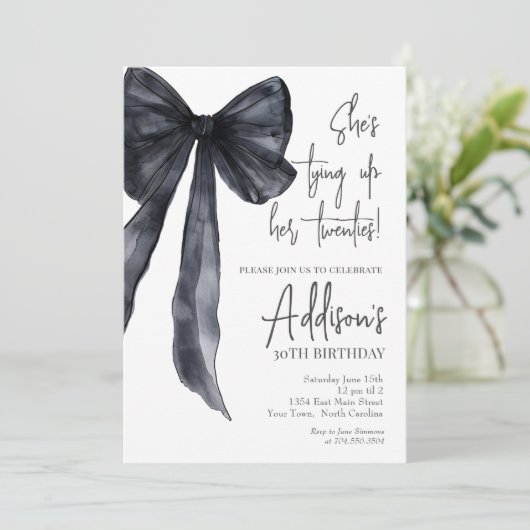black bow 30th Birthday Party Invitation Kaart (Staand voorkant)