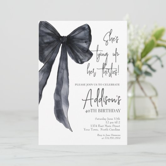 black bow 30th Birthday Party Invitation Kaart (Staand voorkant)