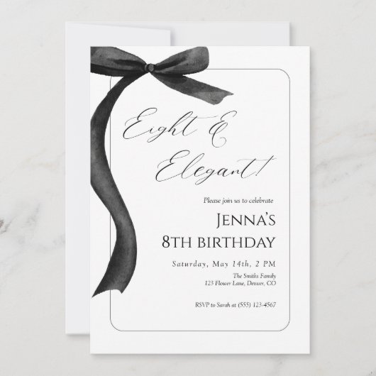 Black Bow 8th Birthday Invitation  Kaart (Voorkant)