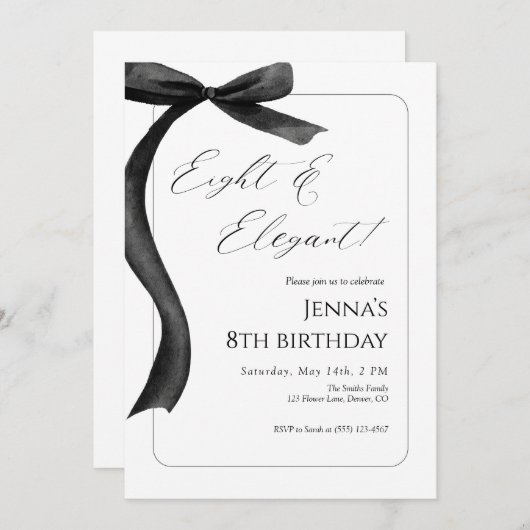 Black Bow 8th Birthday Invitation  Kaart (Voorkant / Achterkant)