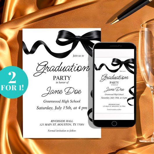 Black Bow Afstuderen Invitation Ribbon Afstudeerde Kaart