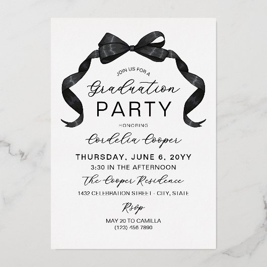 Black Bow Arch Foto Zilverfolie Afstuderen Folie Uitnodiging (Achterkant)