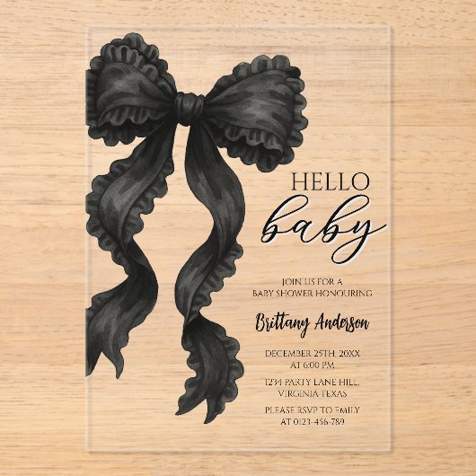 Black Bow Baby shower Minimalist Invitation Acryl Uitnodigingen (Voorkant)