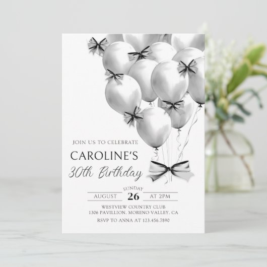 Black Bow Balloons Verjaardag Uitnodiging (Staand voorkant)