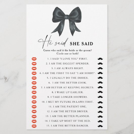 Black bow bridal shower He said she said game (Voorkant)
