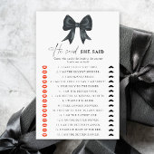 Black bow bridal shower He said she said game