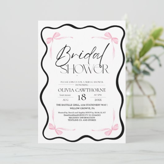Black Bow  Bridal Shower Invitation Kaart (Staand voorkant)