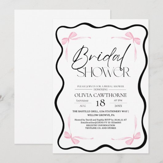 Black Bow  Bridal Shower Invitation Kaart (Voorkant / Achterkant)