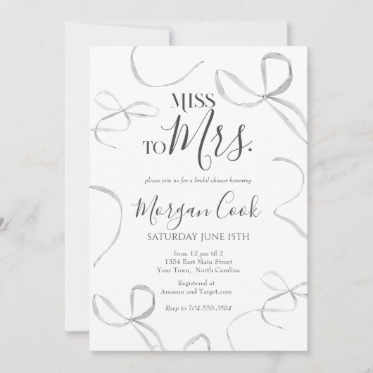 Black bow Bridal Shower Invitation, miss to mrs  Kaart (Voorkant)