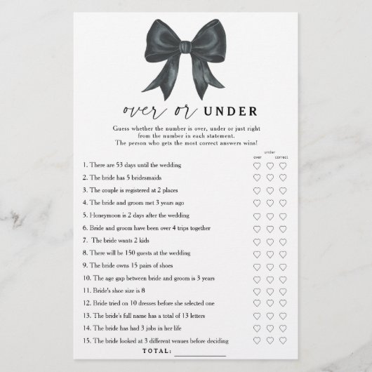 Black bow bridal shower Over or under game (Voorkant)