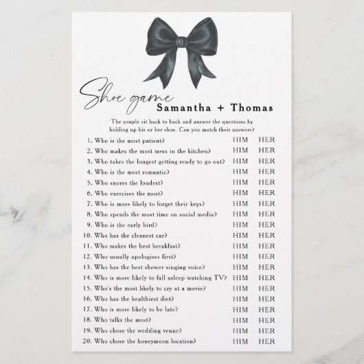 Black bow bridal shower Shoe game (Voorkant)