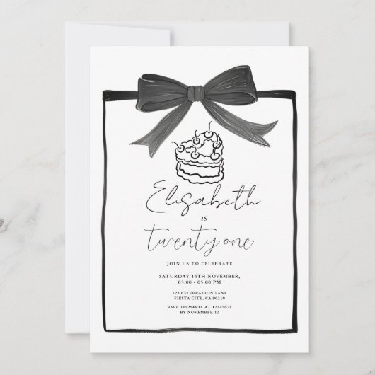 Black Bow Cake Ribbon 21e verjaardag Uitnodiging (Voorkant)