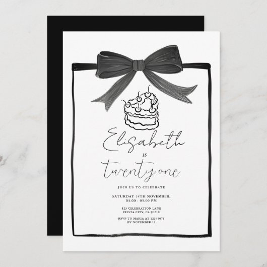 Black Bow Cake Ribbon 21e verjaardag Uitnodiging (Voorkant / Achterkant)