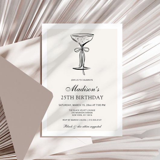 Black Bow Champagne Coupe Birthday Invitation Kaart