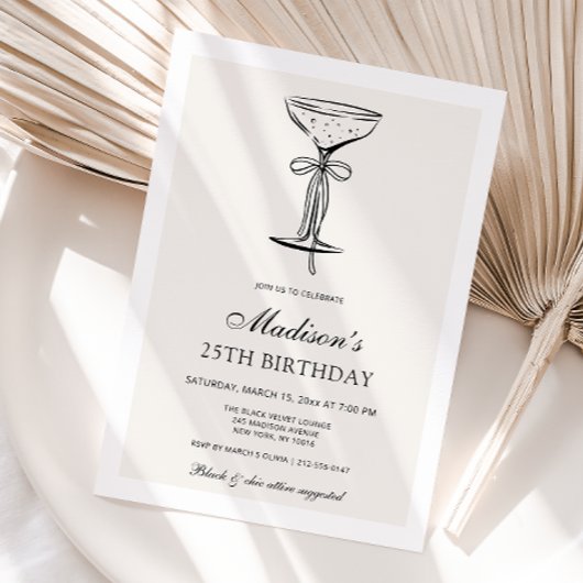 Black Bow Champagne Coupe Birthday Invitation Kaart
